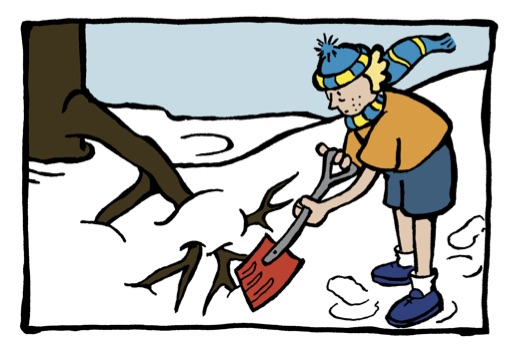 Illustration montrant un homme qui essaie de dégager des branches prisonnière dans la neige avec une pelle.