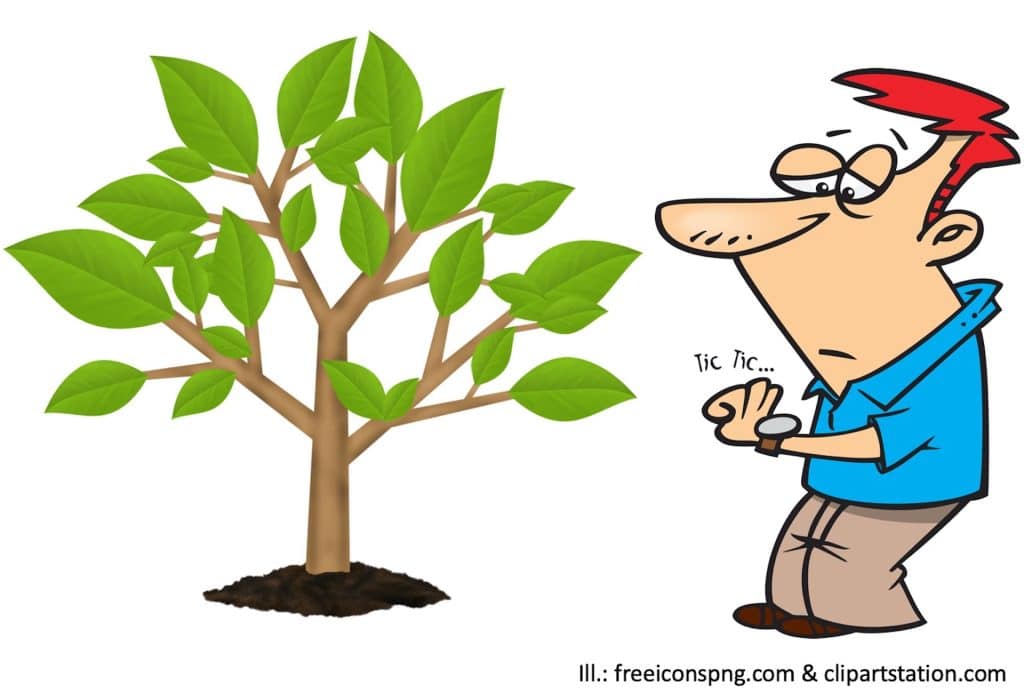 Homme qui s'impatiente quand son pommier produit pas de fruits.