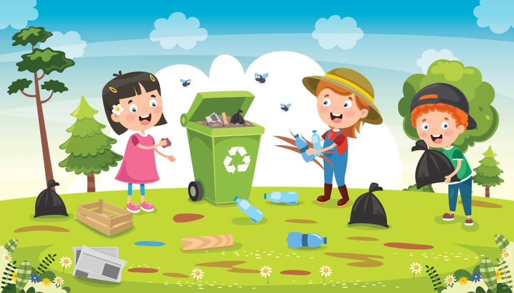 Illustration montrant des enfants faisant du recyclage dans un jardin.