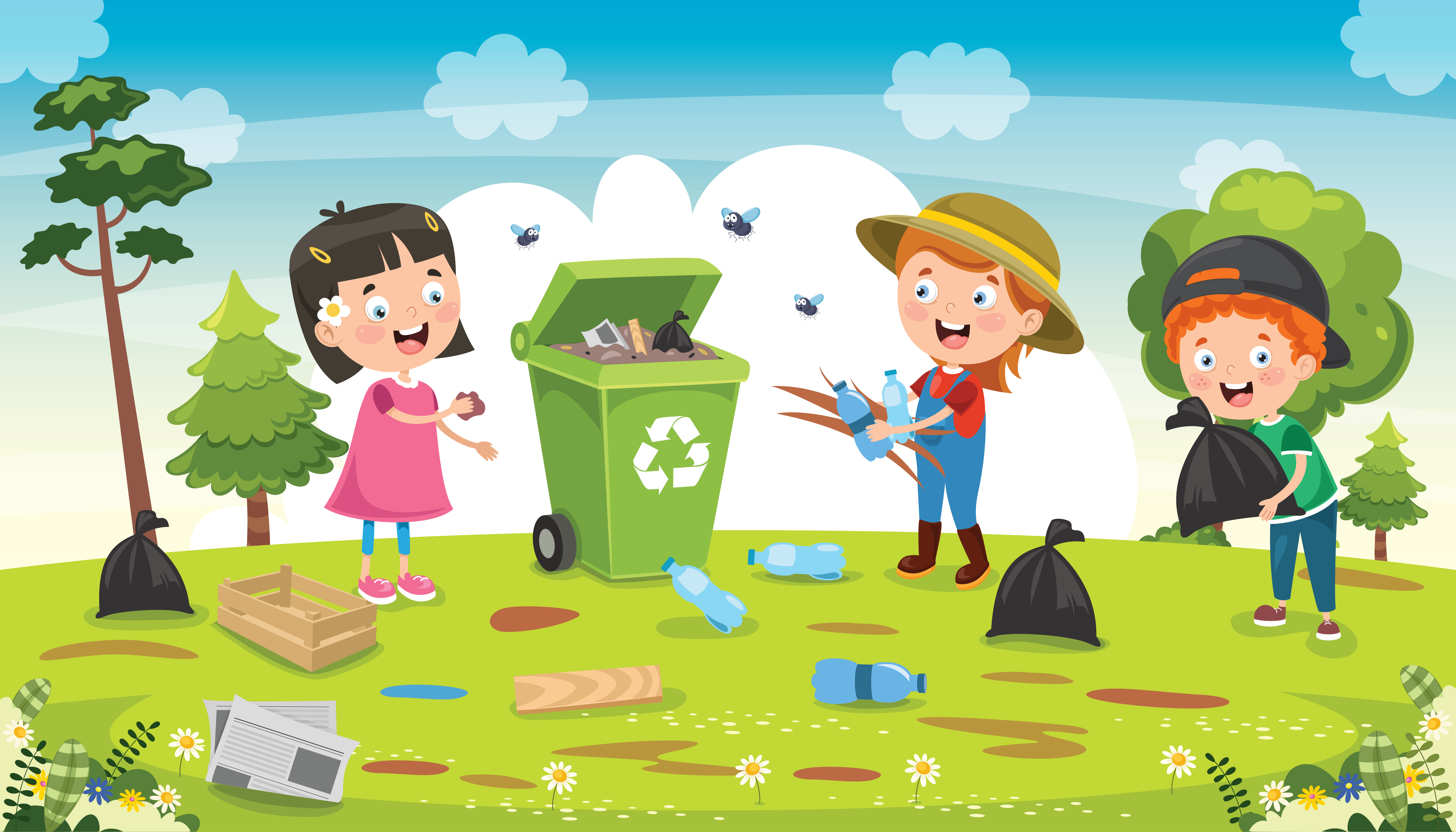 Illustration montrant des enfants faisant du recyclage dans un jardin.